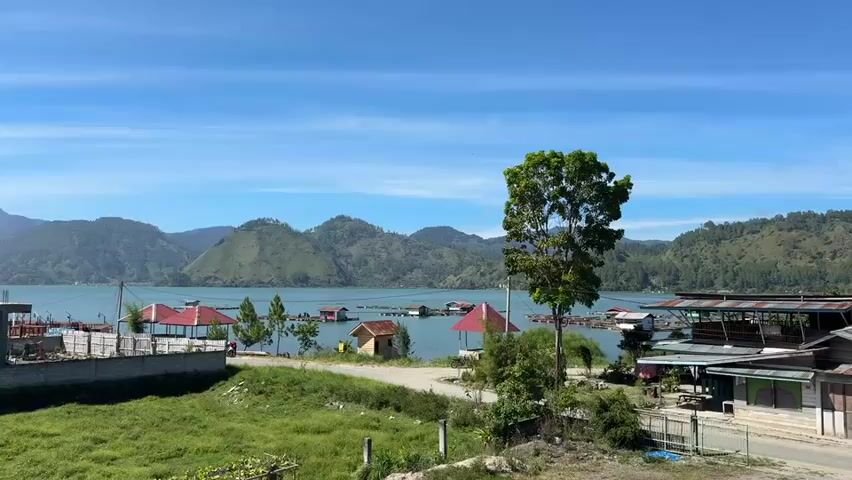 The video shows a wide shot of a picturesque lake with a clear blue sky and mountains in the background. The lake has several floating structures, possibly houses or businesses, with red roofs, scattered across its surface. Along the shoreline, there are more structures, including some with corrugated metal roofs and a single tall tree standing prominently in the foreground. In the foreground, there is a grassy area and a dirt road. The overall scene is calm and depicts a rural lakeside environment.