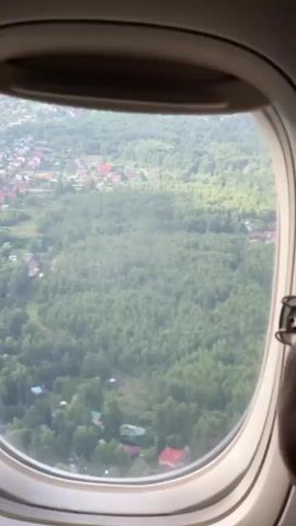 The video shows a view from an airplane window. Outside the window, there is a landscape with dense green trees and scattered houses. The houses appear to be suburban or rural, with red roofs visible among the trees. The camera is slightly shaky, suggesting the airplane is in motion. The lighting indicates it is daytime. There are no people or specific actions visible within the frame other than the implied movement of the airplane. The scene is serene and shows a typical aerial view of a populated green area.