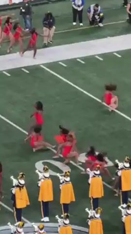 On a football field, a group of dancers in red leotards are performing a routine. They are in formation with a marching band wearing blue and gold uniforms. The dancers perform kicks, splits, and cartwheels. Some members of the band hold instruments. Spectators stand around the perimeter of the field.
