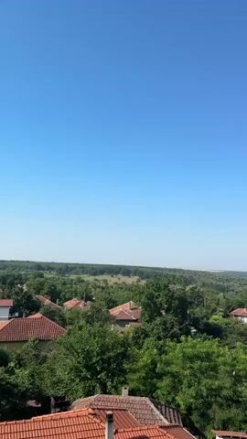 A panning shot captures an aerial view of a village with red-tiled roofs and lush green trees under a clear blue sky. In the distance, fields of golden crops are visible, bordered by a line of trees, and a hazy horizon.