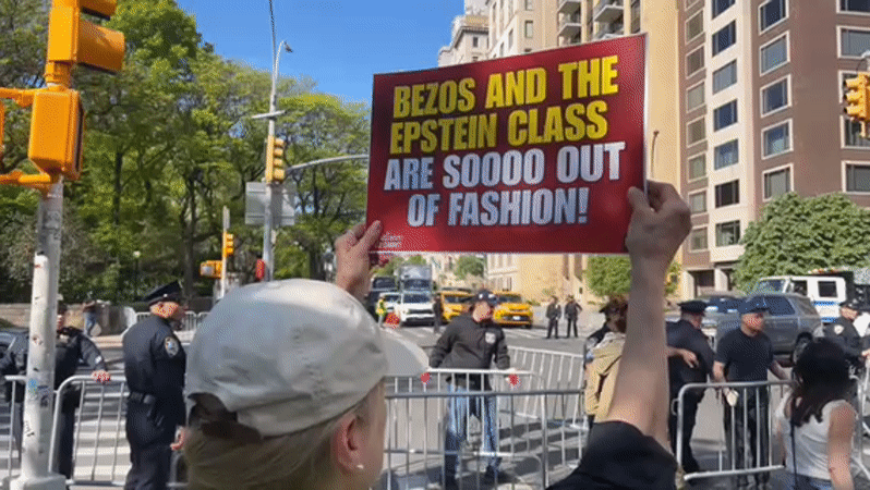 Daytime protest documented on NYC's Museum Mile amid sunny weather