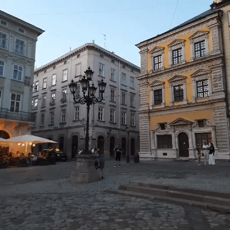 Lviv's historic center at dusk, streets and landmarks