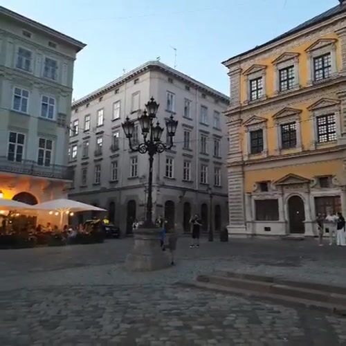 Lviv's historic center at dusk, streets and landmarks
