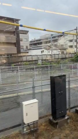 The video captures a view from a moving train, looking out a window at the passing scenery on a cloudy or rainy day. Initially, the camera shows residential buildings, including a light-colored house with a dark roof. A fence and some vegetation are visible in the foreground. The train then passes by a building with a multi-level enclosure attached to its side, where a dog is briefly visible on the upper level, looking out. More residential buildings and fences appear, followed by a shot of a narrow canal or river running alongside a street. The water in the canal is still, reflecting the cloudy sky. Houses and green foliage line the banks of the canal. The video ends with the train continuing to move, revealing more of the urban landscape.
