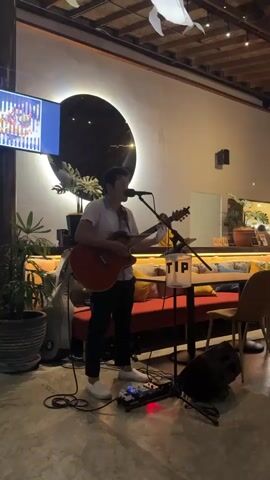 A man is playing an acoustic guitar and singing into a microphone in a dimly lit restaurant. He is wearing a light-colored short-sleeved shirt and dark pants, and white sneakers. The guitar is a reddish-brown color. He is standing in front of a circular mirror, with plants on either side. Behind him, there is a long booth seating area with yellow cushions. A sign above the booth shows a picture of a dish labeled "Beef Bourguignon". To the right of the man, a white "TIP" sign is visible. The ceiling has wooden beams and a white whale decoration. The overall atmosphere appears to be relaxed and enjoyable, suggesting a live music performance at a restaurant. There is a speaker and some electronic pedals on the floor near the performer. The floor is a textured concrete. The time of day appears to be evening due to the indoor lighting.