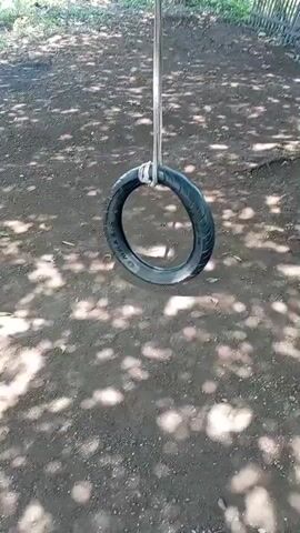 A tire hangs from a rope attached to a tree. The camera is positioned below the tire and looking up at it. The ground is dirt and covered in shadows from the leaves of the tree. There are some plants and a fence visible in the background. The video shows the tire swaying slightly.
