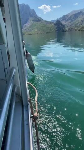 The video shows a view from a boat moving on a body of water. The boat appears to be traveling forward, as evidenced by the wake behind it and the movement of the water. The water is a clear, turquoise color and appears to be a lake or a calm sea. In the background, there are mountains with green vegetation and rocky peaks. The sky is blue with a few scattered white clouds. A white fender hangs from the side of the boat, attached by a rope. Another thicker rope is also visible, possibly for mooring or as part of the boat's equipment. The sun is shining brightly, casting reflections on the water's surface. The overall impression is a serene and scenic view of a boat trip in a mountainous, watery landscape.