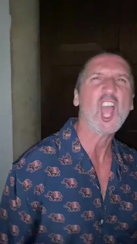 The video begins with a close-up of a man with short, dark hair and a beard, wearing a dark blue shirt with a repeating pattern of elephants, his mouth open in a shout or laugh. The camera then pans and blurs, showing two women in the background, one with blonde hair and the other with darker hair. The scene transitions to an outdoor nighttime event with a live band performing on a stage under green lights. A crowd of people is gathered in front of the stage, many holding up their phones. The band members are visible on stage, and the audience appears to be enjoying the performance.