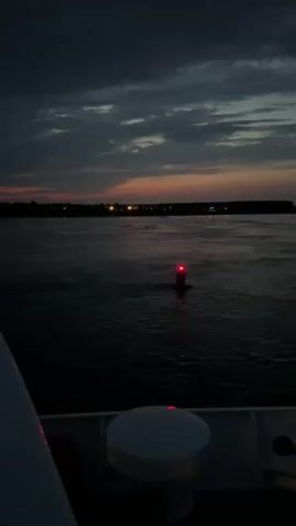 The video opens from the perspective of someone on a boat at dusk. In the foreground, the white railing of the boat is visible on the left and a white, circular object with a red light on top is on the right. The main focus is the open body of water stretching out ahead. A red buoy with a flashing red light sits in the middle of the water. In the distance, the dark silhouette of a tree line with lights from houses and buildings is visible along the shore. The sky above is a deep, cloudy twilight, with hints of orange and pink from the setting sun. The overall mood is calm and serene, with the gentle movement of the water and the dimming light creating a peaceful atmosphere.