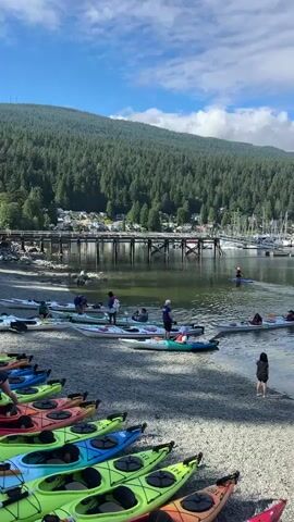 A group of people are gathered on a pebble beach next to a calm body of water. In the foreground, several colorful kayaks are neatly arranged. Some individuals are interacting with the kayaks, appearing to prepare for or disembark from water activities. In the mid-ground, more kayaks are in the water, with people sitting in them or standing nearby. One person is on a paddleboard in the distance, heading away from the beach. Across the water, a wooden pier extends outwards, with a marina and sailboats visible beyond it. A dense, tree-covered mountain rises behind the marina. The sky is blue with scattered clouds. A seagull is flying overhead.