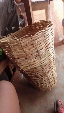 A person wearing sandals and a red toe nail polish films a woven basket that contains a pile of tomatoes, ranging from red to yellowish-orange in color, and some green leafy vegetables. The basket is tan or light brown in color. The video is filmed from the side, with the camera moving slightly to show the contents of the basket. The setting appears to be an indoor or partially covered area, possibly a market stall, with other objects partially visible in the background. The overall lighting is adequate for visibility.