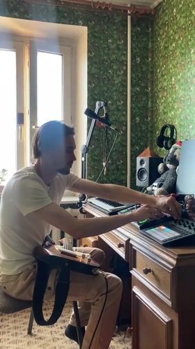 Musician works on production setup in Ufa, Russia