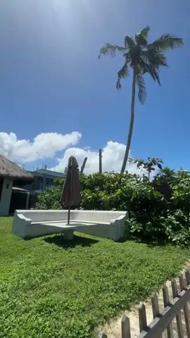 A drone shot pans right across a grassy yard with a concrete bench and umbrella in the center. A small bungalow with a thatched roof and glass doors is visible on the left, and a palm tree is in the background. The sky is blue with some white clouds.