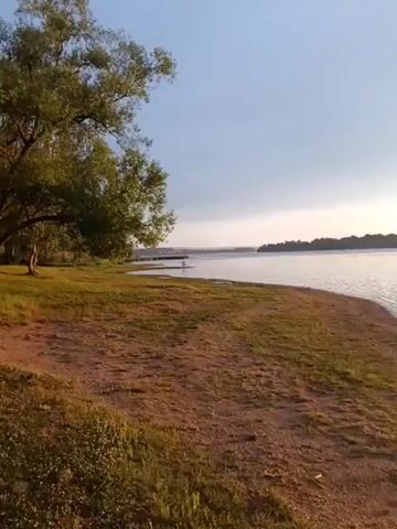 The video shows a serene lakeside view. The camera pans across a sandy shore with scattered patches of grass, leading to the calm water of a lake. A large tree with green foliage stands on the left side of the frame. The sky is clear with a hint of clouds, and the sun is setting or rising, casting a warm golden light across the water and the horizon. The overall atmosphere is peaceful and natural.
