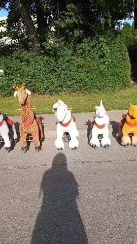 The video shows a line of stuffed animal ride-on toys, including a giraffe, sheep, unicorn, and zebra, set up outdoors on an asphalt surface. The toys have wheels and saddles. In the background, there are trees, bushes, and a white building. There are also people visible, including two adults standing near the toys and a person partially visible on the left side of the frame. One of the adults is wearing a white cap and blue shorts. Another adult is wearing a dark shirt and shorts and appears to be interacting with the toys. The overall scene appears to be a public area, possibly a park or event.