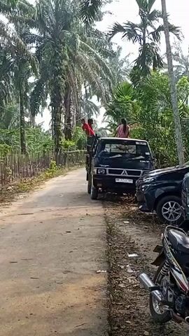 A video shows a rural road lined with palm trees and a makeshift fence. A black pickup truck is parked on the side of the road, with two people standing in the truck bed. One person is wearing a red shirt and is near the front of the truck. The other person, wearing a pink shirt, is sitting down towards the back. In the foreground, a motorcycle is parked. The road is unpaved and appears to be dirt. The overall setting suggests a tropical or subtropical environment.