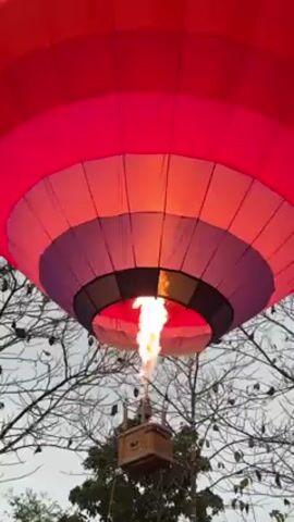 The video shows a hot air balloon with a red, pink, lavender, and blue color scheme being filled with hot air from a flame underneath it. The balloon basket is visible and made of wood. The balloon is positioned against a grey sky, with bare tree branches visible in the foreground. Upbeat music is playing in the background.