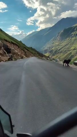 The video shows a point-of-view shot from a moving vehicle, likely a motorcycle given the handlebars visible in the foreground, traveling on a paved mountain road. The road curves gently to the left and stretches into the distance, leading into a deep valley. Lush green mountains with steep, rocky slopes flank the road. The sky is partly cloudy with a bright blue sky visible. The overall scene depicts a scenic and somewhat remote mountainous landscape.