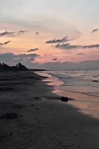 The video depicts a beach scene at dusk. The sky is a mix of colors, with pink and orange hues fading into a pale blue. Several scattered clouds are visible in the sky. The beach is sandy, and the waves are gently rolling onto the shore, reflecting the colors of the sky. A dark line of trees is visible in the distance along the coastline. There is a dark object on the beach in the foreground. The scene is still, capturing a serene and tranquil atmosphere.