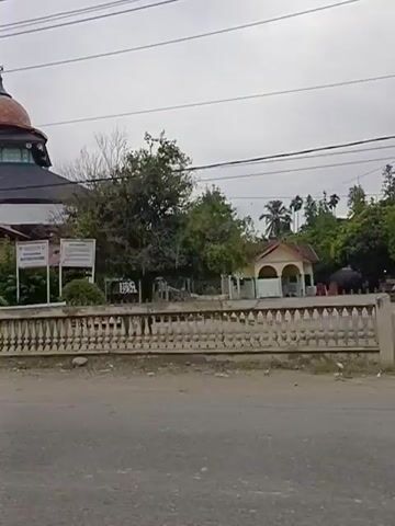 A video shows a mosque with a red dome and a white wall with decorative patterns. The video also shows trees and a street. The sky is overcast.