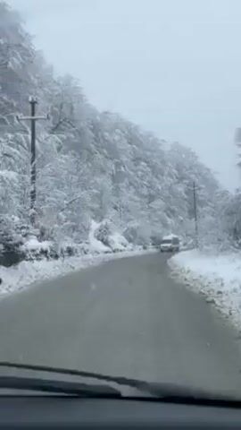The video shows a car driving on a snowy road surrounded by snow-covered trees. The road is asphalt, and there's a white van approaching from the opposite direction. The car's windshield wipers are visible at the bottom of the frame. The sky is overcast, and the snow appears fresh. The overall scene suggests a rural or mountainous area with recent snowfall.