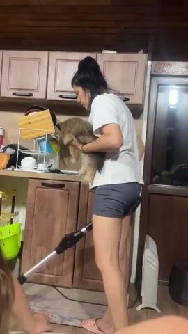 A woman stands in a kitchen, holding a small, fluffy dog in her arms. She is wearing a white t-shirt and grey shorts. In her other hand, she holds a cordless vacuum cleaner and is using it to clean the floor. The kitchen has wooden cabinets above and below the counter. There are dishes on the counter and a bright green bin. To the right of the woman is a white electric heater. Another person's legs are visible in the foreground, suggesting they are sitting on the floor.