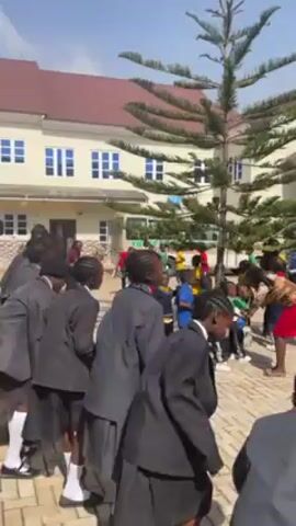 The video shows a group of students in school uniforms dancing outside a building on a sunny day. The students are mostly wearing black blazers, grey skirts or pants, and white socks. Some students in the background are wearing different colored shirts, including red, green, and blue. There is a tall, pine-like tree in the center of the frame. The building behind them is a light beige color with a red roof. The courtyard is paved with beige bricks. The students appear to be enjoying themselves and are dancing to music that is playing in the background. Some adults can be seen among the students.