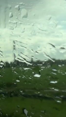 The video is a close-up of raindrops on a windowpane. Through the distorted view of the raindrops, a green landscape with trees can be seen. The sky appears overcast and gray. The camera is stationary, capturing the effect of the rain on the glass and the blurred scenery beyond.