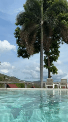 Woman films poolside content in Thailand daytime