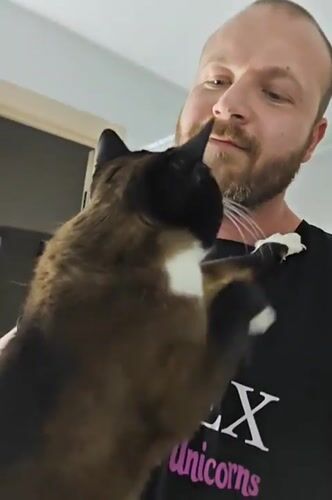Man takes selfies, plays with cat in Novyi Russia