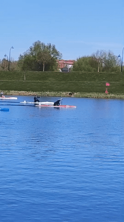 Kayakers enjoy sunny afternoon on Jelgava lake