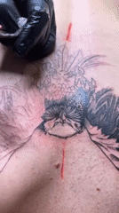 Tattoo artist creates large bird design on client's back