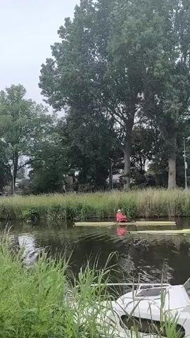 The video shows a river scene with two people in a rowing boat. The person in front is wearing a red shirt and a hat, while the person behind is wearing a yellow shirt. The boat is yellow. They are rowing on a river with green grass and trees on the banks. The sky is overcast.