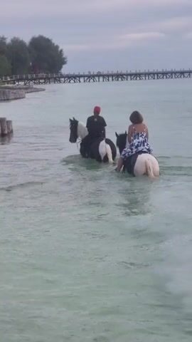 Two people ride horses through shallow water towards a long pier.  The horses are mostly white with black spots. The person in the foreground has a patterned dress on, while the person behind them wears a black shirt and red hat.  The water is clear and turquoise. Trees are visible on the shore to the left.  The sky is overcast.