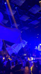 Crowded nightclub event features flag-waving performers and audience