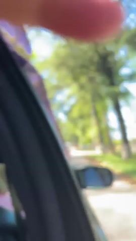 The video captures a view from the passenger side of a moving car, looking forward along a tree-lined road. The car's dark exterior, side mirror, and window visor are visible in the foreground. Tall, lush green trees, appearing to be pines and deciduous trees, form a canopy overhead and line both sides of the asphalt road. The sky is clear and blue, indicating a bright, sunny day.

In the distance, other cars can be seen driving on the road. A white speed limit sign displaying "60" is visible on the right side of the road, suggesting a speed limit of 60 km/h. Streetlights are also interspersed among the trees. The overall scene depicts a pleasant drive through a verdant environment, likely in the area of Achadara, Abkhazia.