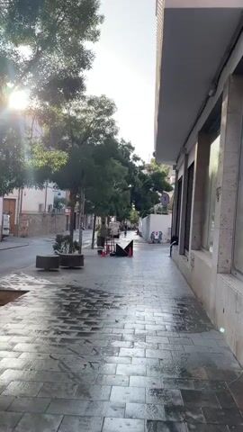 The video shows a view down a tree-lined street in Canet de Mar, Spain. The time of day appears to be morning, as indicated by the low angle of the sun and the bright, clear sky. The weather seems pleasant, with sunlight casting shadows and glinting off the wet pavement, suggesting it may have rained recently.

The street is paved with large, rectangular tiles, some of which are wet and reflect the light. Planters with small bushes and trees line the sidewalk, and larger trees with dense green foliage provide shade. On the right side of the street, a building with a modern facade and large windows runs along the sidewalk. On the left, residential buildings with balconies and traditional architecture are visible.

The main subject of activity is a street cleaner wearing a bright yellow vest, orange safety cones, and black barriers. They are working on the sidewalk, seemingly attending to some equipment. Further down the street, a few people can be seen, including someone riding a scooter and another person sitting on a bench outside a building. The overall atmosphere is calm and serene, with the gentle sounds of the environment likely accompanying the visual. There is no visible text in the video.