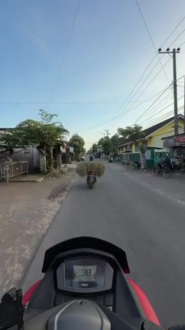 The video is a first-person perspective shot from a motorcycle as it travels down a paved road. The motorcycle is red and has a digital display showing a speed of 39 km/h at the start of the clip, which gradually decreases to 22 km/h by the end. In front of the motorcycle, another motorcycle is visible carrying a large load of hay or straw, which is significantly wider than the bike itself. The road is lined with buildings on both sides. On the left, there are low-rise structures, some appearing to be shops or houses, with parked motorcycles and bicycles. On the right, there are also buildings, some with yellow walls and green accents, and a few more motorcycles and people. Trees line parts of the road, and electrical wires are visible overhead. The sky is clear and blue, suggesting it is daytime, likely morning or late afternoon due to the low angle of the sun creating long shadows. The overall scene depicts a rural or semi-urban environment with daily activity, focusing on the movement of goods via motorcycle.