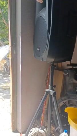 A close-up shot shows a black speaker on a tripod stand positioned inside what appears to be a garage or entryway. The speaker is a large, oval-shaped unit with a mesh covering over the speaker cone. The tripod stand is black and made of metal. To the left of the speaker, an open doorway reveals a sunny outdoor scene with some trees and a white structure. Inside the garage, to the right of the speaker, a wheelchair is visible, along with some cleaning supplies including a mop and a broom. A yellow funnel and a plastic bottle are also present on the floor. The lighting suggests it is daytime.