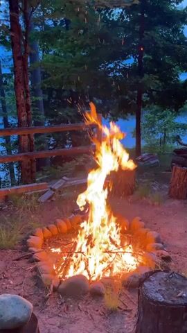 A campfire burns brightly in a stone fire pit surrounded by dry branches and logs. The flames are tall and yellow, with sparks rising into the air. The fire is located outdoors, on a dirt ground covered with pine needles. Behind the fire, there is a wooden fence and trees with green leaves. In the background, a body of water, possibly a lake, can be seen. The sky is dark, suggesting it is either dusk or night. There are also tree stumps present, which appear to be used as seating around the campfire. The overall scene evokes a sense of nature and relaxation.