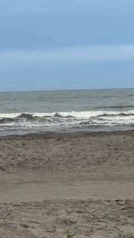 The video shows a view of a beach and the ocean. The foreground consists of sand, with some green grass at the bottom edge. The middle ground shows the shoreline where small waves are breaking on the dark sand. The background features the ocean with gentle waves and a cloudy blue sky above. The scene is static, with no people or significant actions visible.