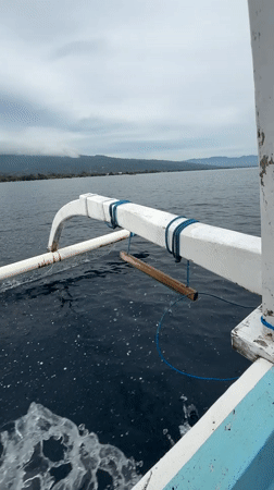 Traditional outrigger canoe filmed sailing calm Indonesian waters