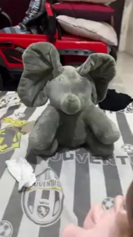 A static shot captures a grey plush elephant toy positioned on a black and white striped blanket, bearing the logo of Juventus. The elephant has its ears raised, revealing small white lights where its eyes should be. Behind the elephant, a red toy car, labeled "ROCKY," is partially visible, with a stack of pillows resting on its back. In the bottom left corner, a small white cloth is also visible. The camera remains stationary, focusing on the elephant as it sits on the blanket.