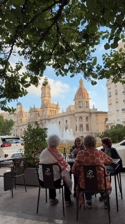 Women gather at Valencia cafe on palm-lined street