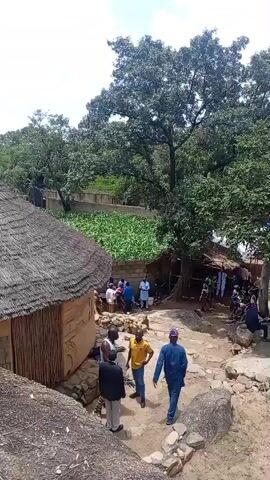 The video shows an outdoor gathering of people. In the foreground, there are several large rocks. A man in a blue shirt and cap is speaking to two men in suits. Behind them is a traditional thatched-roof structure. Further back, under a large tree, a group of people are seated, some of whom appear to be engaged in conversation. To the right, there's a tall, modern lamppost. In the background, more trees and some rudimentary shelters are visible, with people milling about. The overall environment appears to be a rural or village setting with a mix of traditional and modern elements.