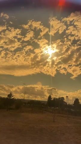 The video shows a sunset viewed through a pair of tortoiseshell sunglasses. The sky is filled with dramatic, golden-hued clouds, with the sun peeking through. In the foreground, there is dry, yellowish grass and some sparse trees. The sunglasses are held up, obscuring part of the view, and then moved slightly to reveal more of the sky. The scene is peaceful and atmospheric.