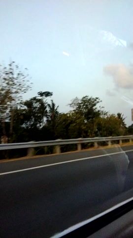 The video shows a view from inside a vehicle looking out a window. The window has a reflective surface, showing a blurry image of the sky and trees. Outside the window, there is a road with a white line marking the lane. Trees and foliage are visible along the side of the road. The motion suggests the vehicle is in transit. The lighting indicates it is daytime, possibly overcast. No people or specific objects of interest are clearly discernible.