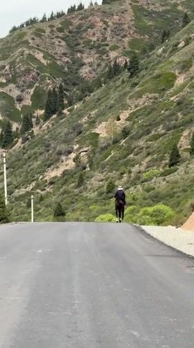 Horseback rider travels mountain road in rural Kyrgyzstan