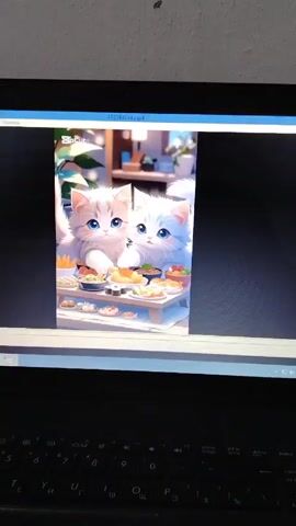 A laptop displays a video. The screen shows two cartoon cats in front of a tray of food, possibly sushi. The lighting appears to be coming from above the laptop. The laptop is sitting on a desk with a visible keyboard. The background behind the laptop is a plain, light-colored wall. The video plays with sound.
