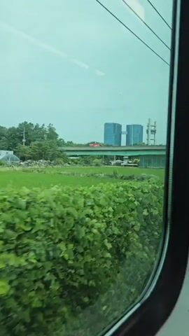 A video taken from a moving vehicle shows a rural landscape with lush green vegetation in the foreground and middle ground. In the background, a highway overpass runs horizontally across the frame. Beyond the overpass, two modern blue buildings stand tall against a bright, overcast sky. Construction equipment, including what appears to be an excavator, is visible near the overpass. The scene suggests a blend of natural and urban environments.